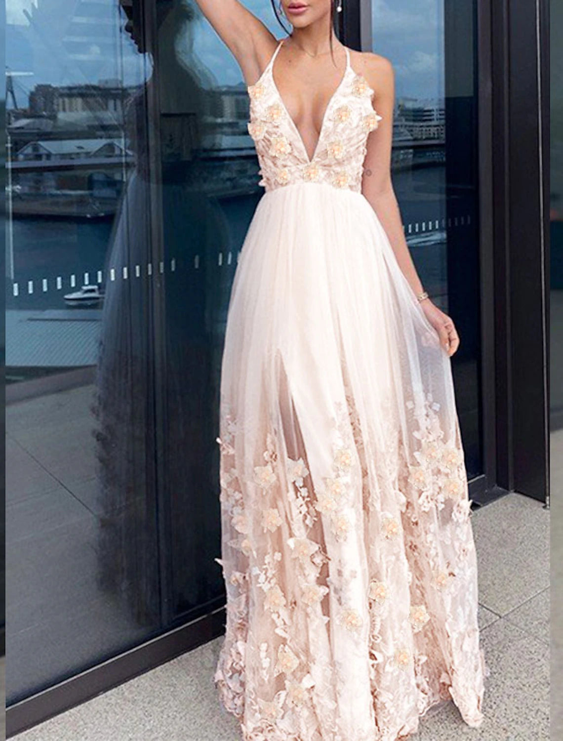 A-Line Evening Floor Length Sleeveless V Neck Tulle with Draping Appliques Homecoming Dress